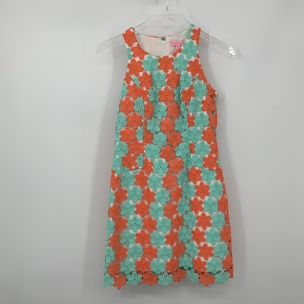 Lilly Pulitzer Pearl a-line shift dress crochet flower petal lace green peach 0